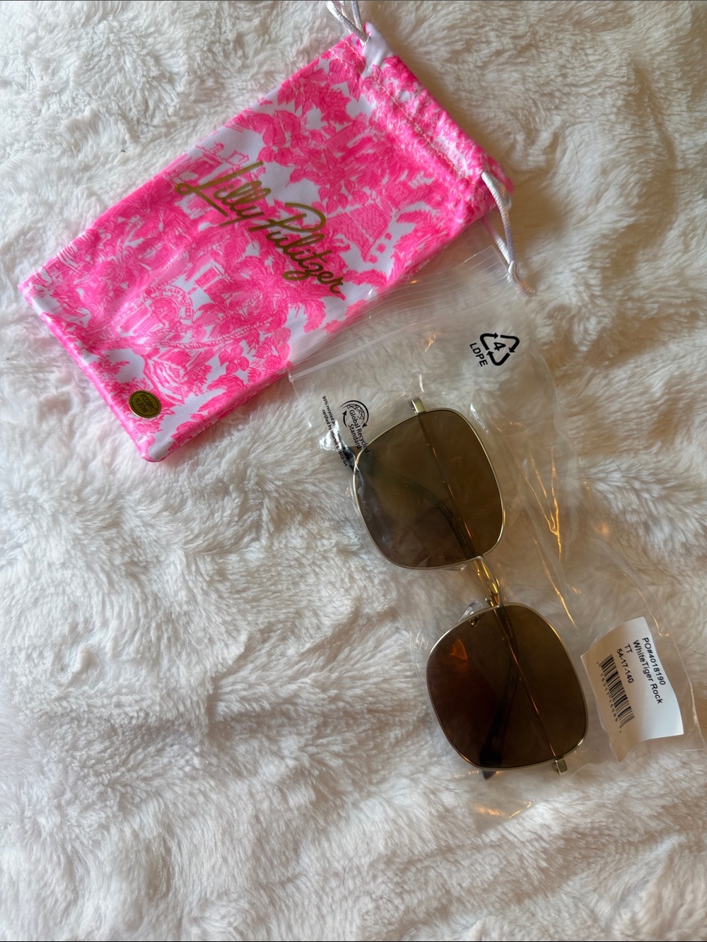 Lilly Pulitzer white tiger rock  gold bamboo  Sunglasses new with storage pouch